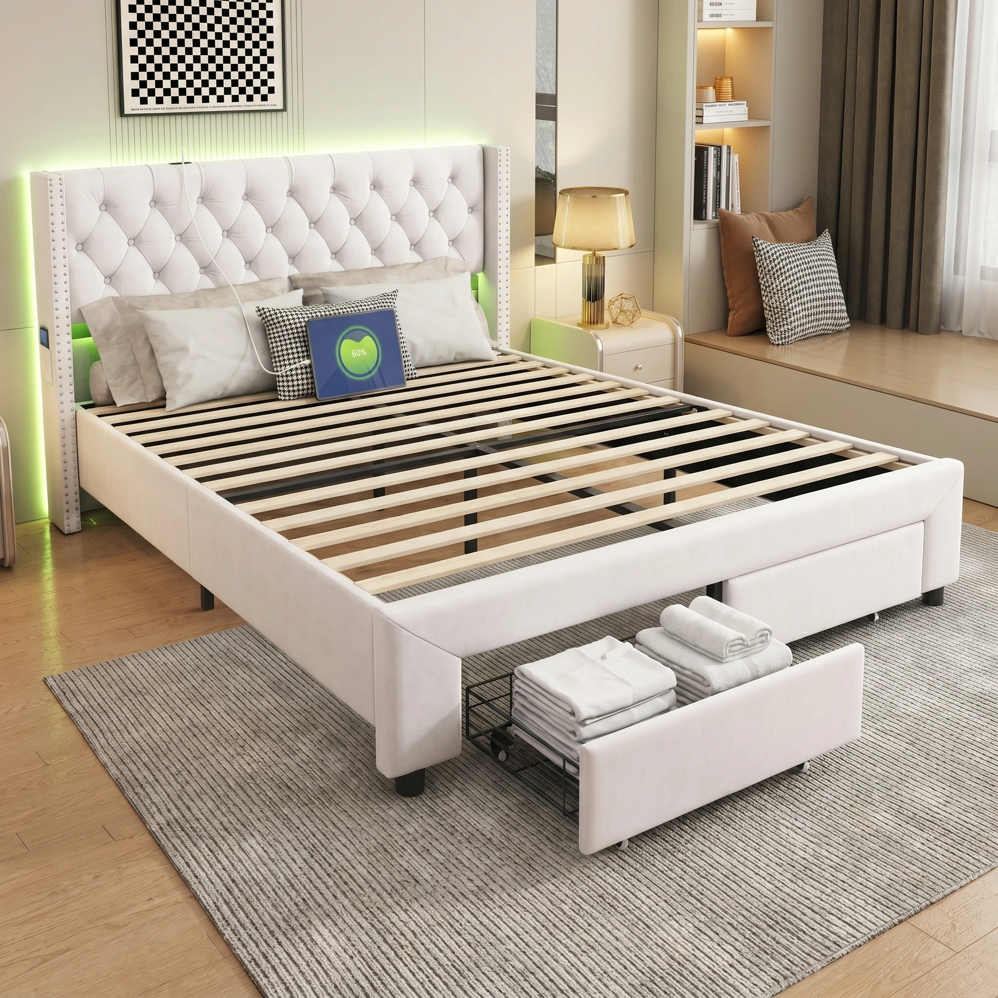 Cama con cajones Anajqaqia de 140×190 cm con puertos de carga USB duales y tira de luces, cama doble tapizada con 2 cajones de almacenamiento