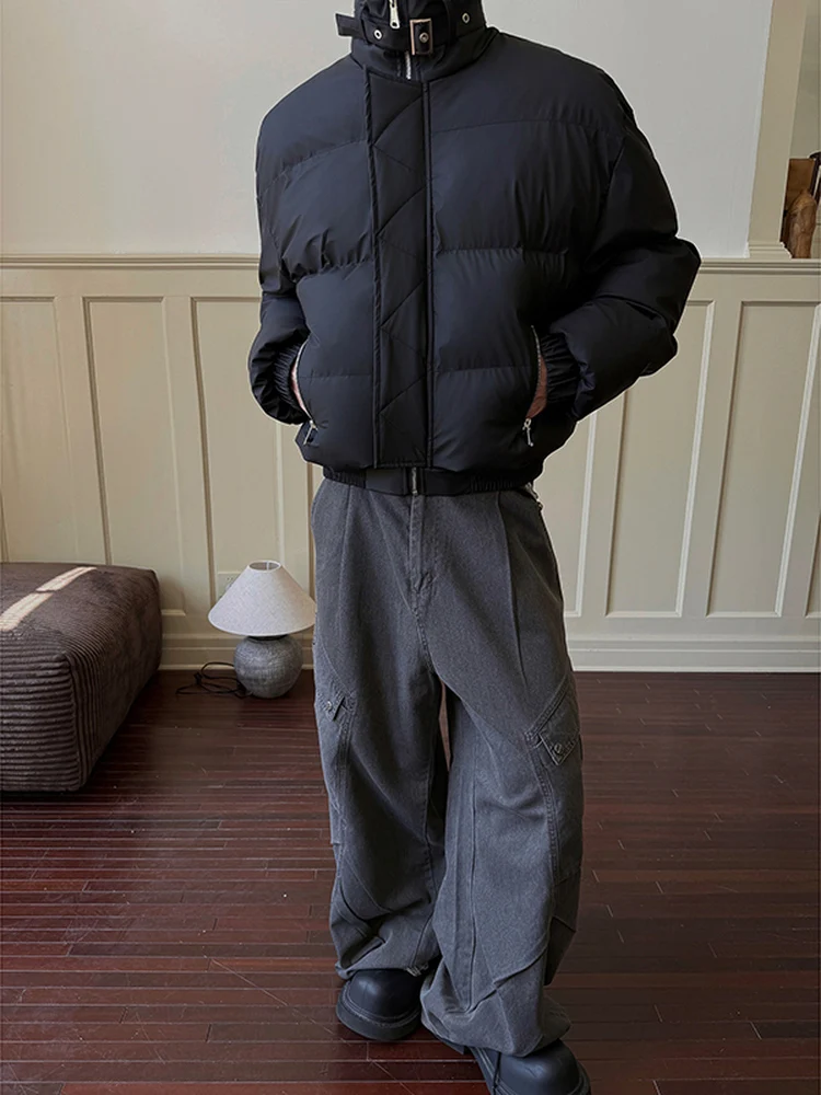 معطف Warmth Thiened ort American Sle Cotton Jaet للرجال شتوي عالي التصميم بحزام وياقة واقفة ملابس خارجية