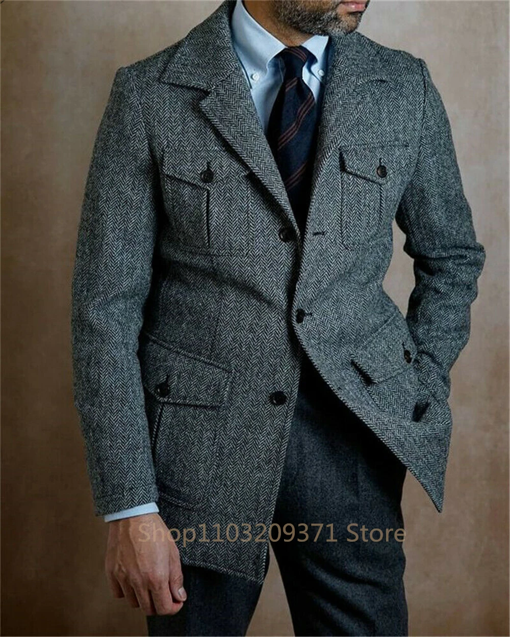 Only Jacket 1PCS Men\'s Blazer Herringbone Casual Luxury Single Breasted Elegant Suits For Men Clothing For men Male Suit