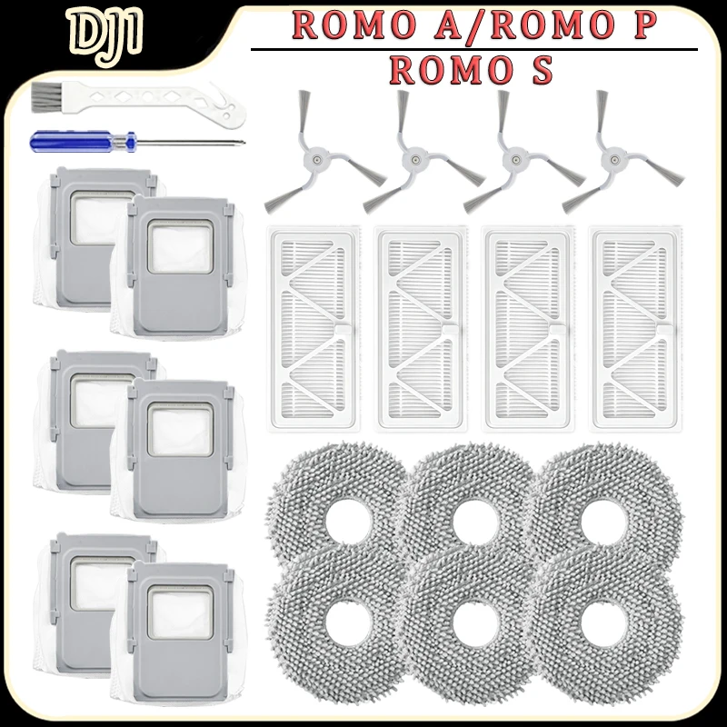 Kit de peças de reposição para acessórios de aspirador robô DJI ROMO A/ROMO P/ROMO S, filtro HEPA, almofada de esfregão, escova lateral, sacos de pó, peças de reposição