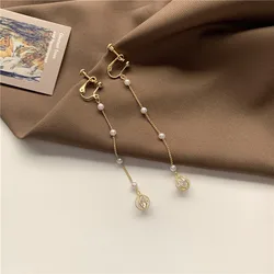 Korean Pearl Chain Tassel Clip on Earrings Super Fairy Temperament Earrings Simple Zircon Ball  Earrings for Non-pierced Women
