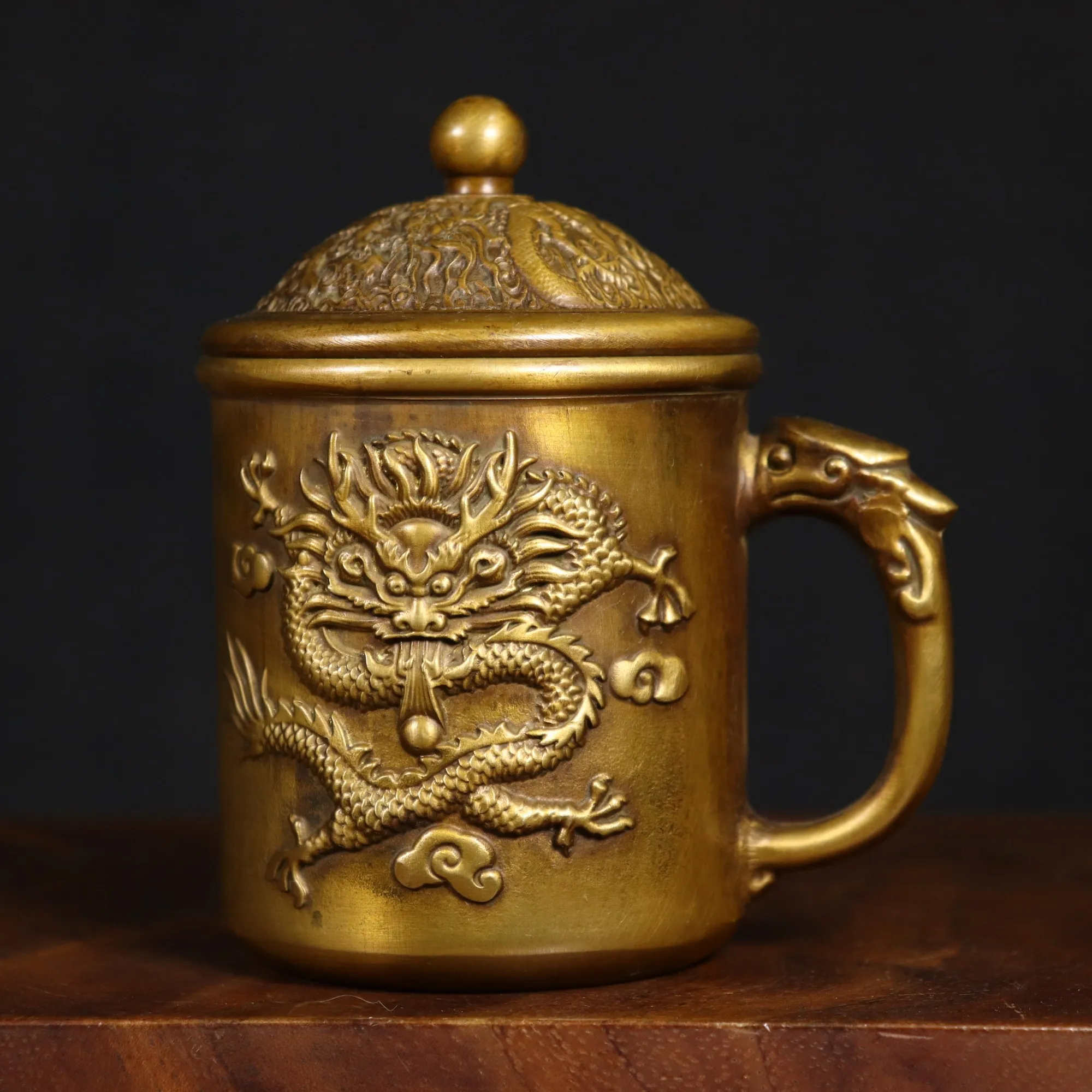 Exquisite retro dragon and phoenix relief brass tea cup home desktop decoration classical handicrafts