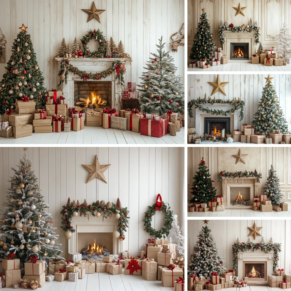 

Christmas Photography Background Xmas Tree Garland Fireplace Party Decor Holiday Baby Family Photo Portrait Backdrops Supplies