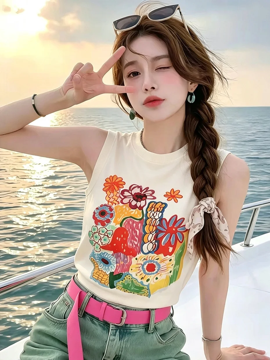 

Floral Print Graffiti round Neck Strap Vest Women's Inner Wear Summer Loose Versatile Slimming Outerwear Sleeveless Top