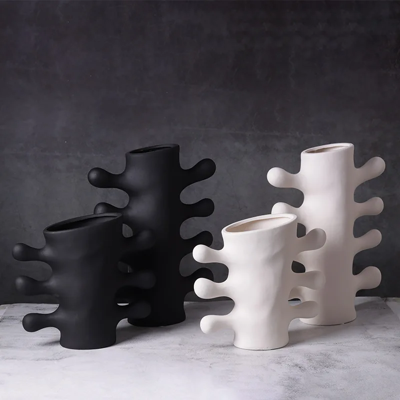 

Ceramic vase abstract art flower arrangement white vase handle coral shape black and white flower pot home decoration