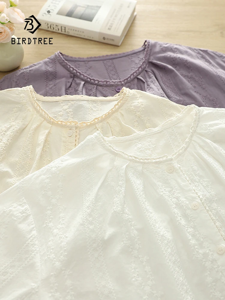 

New 2025 Summer Cotton Long Sleeve Shirt, Women O Neck Lace Embroidery, Mori Girl Sweet Japan Style Chic Loose Blouse T54719CC