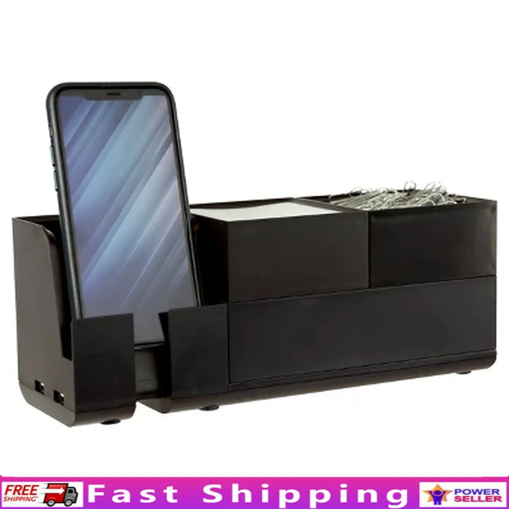 

4pc Stackable Desk Organizer Set with USB Ports Phone Stand Storage Trays Accessory Tray Cord Management Home Office