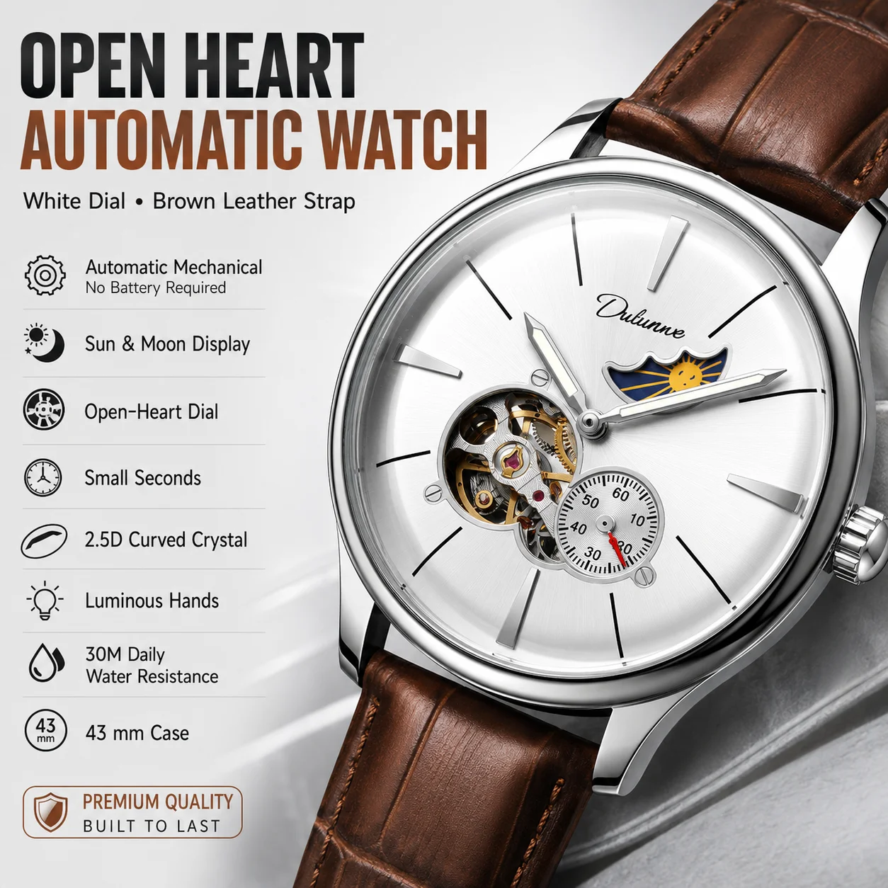 

Men’s Automatic Mechanical Watch White Dial Brown Leather Strap Open Heart Sun Moon Display Small Seconds Dress Business Wristwa