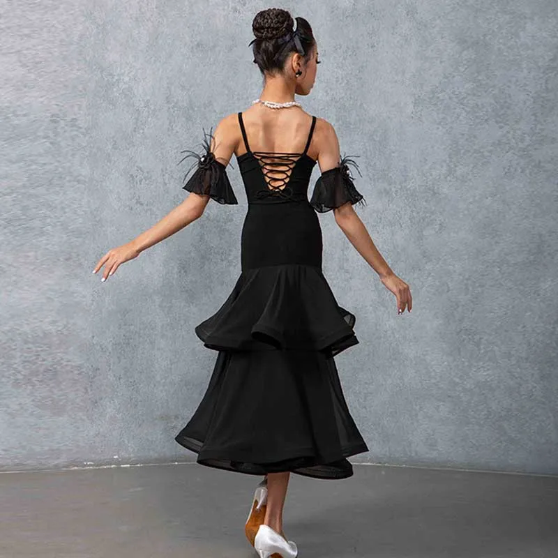Robe de danse de salon pour filles, jupe Double couche en mousseline de soie, ourlet, Wlatz Tango, danse moderne, robes de Costume de compétition Standard