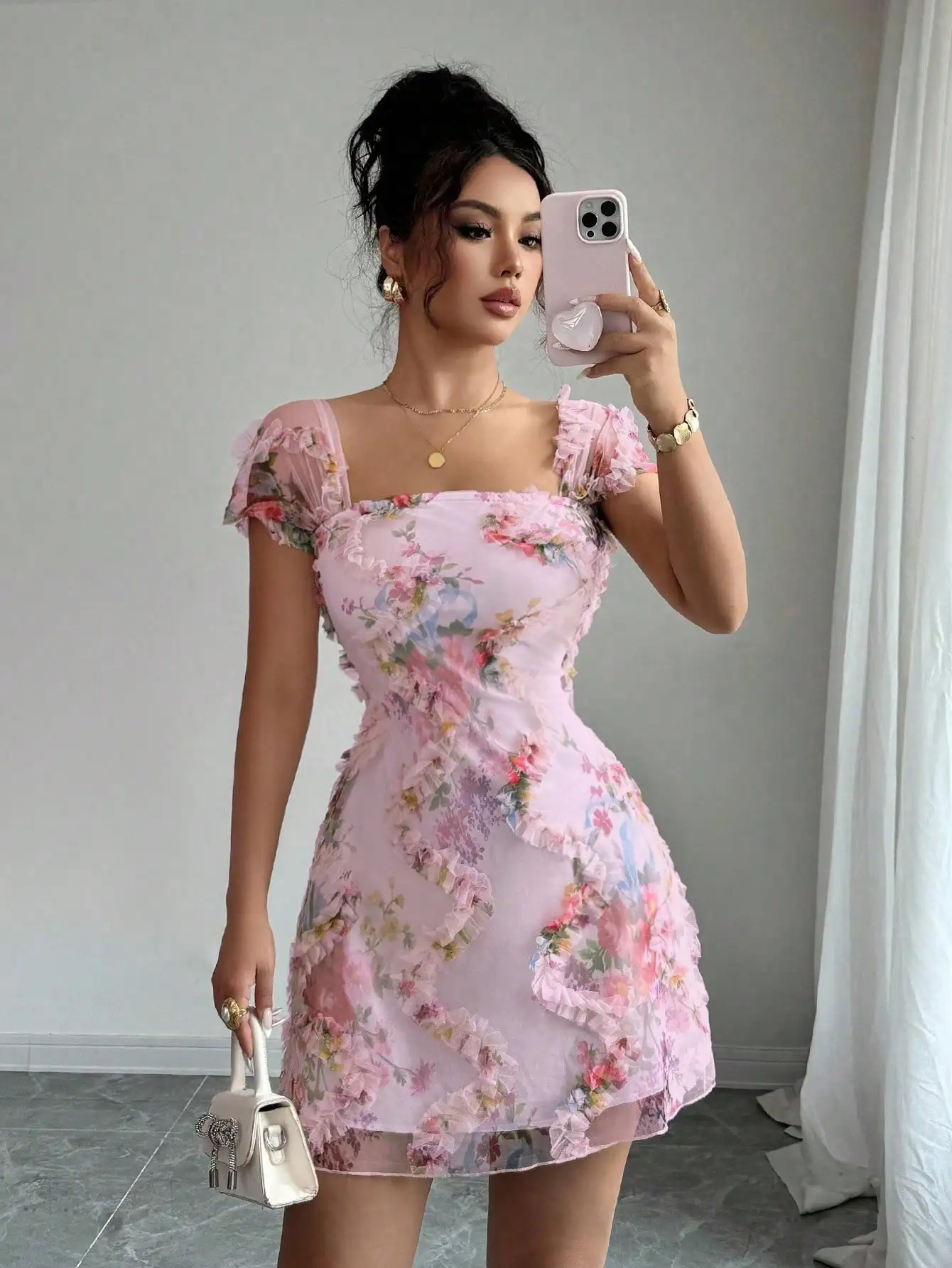 

Pink Floral Sheer Mesh Ruffle Hem Bodycon Slip Dress for Spring Summer