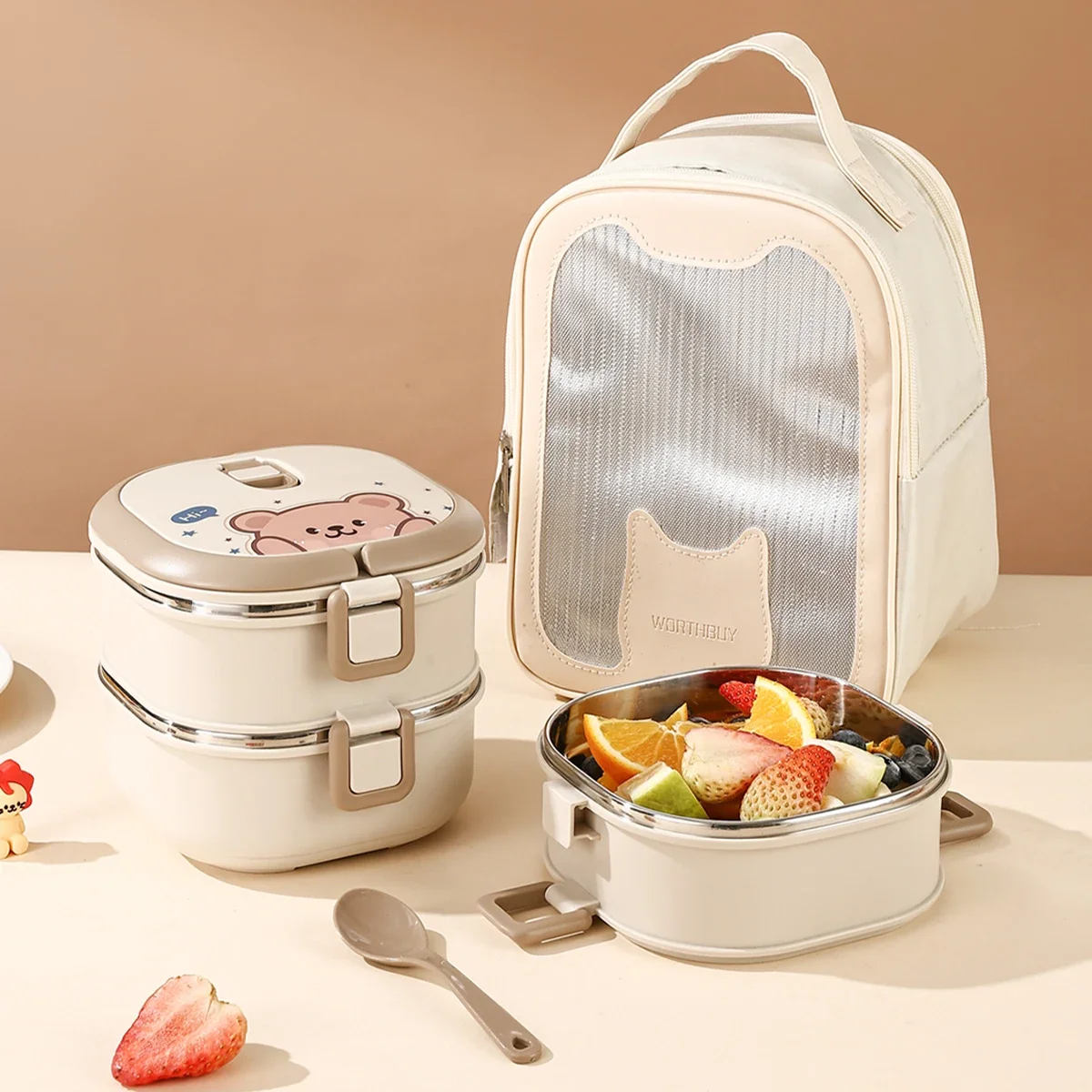 WORTHBUY 304 Stainless Steel Insulated Lunch Box With Spoon Stackable Portable Bento Box Multi-layer Leak Proof Food Container