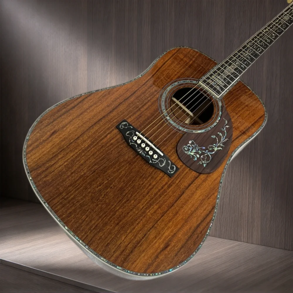 Dark Brown Natural Wood Finish 41-inch 6-String Acoustic Guitar D45 Koa Solid Top with Mother-of-Pearl Inlay—High-End Collectors and Performance Acoustic Guitar