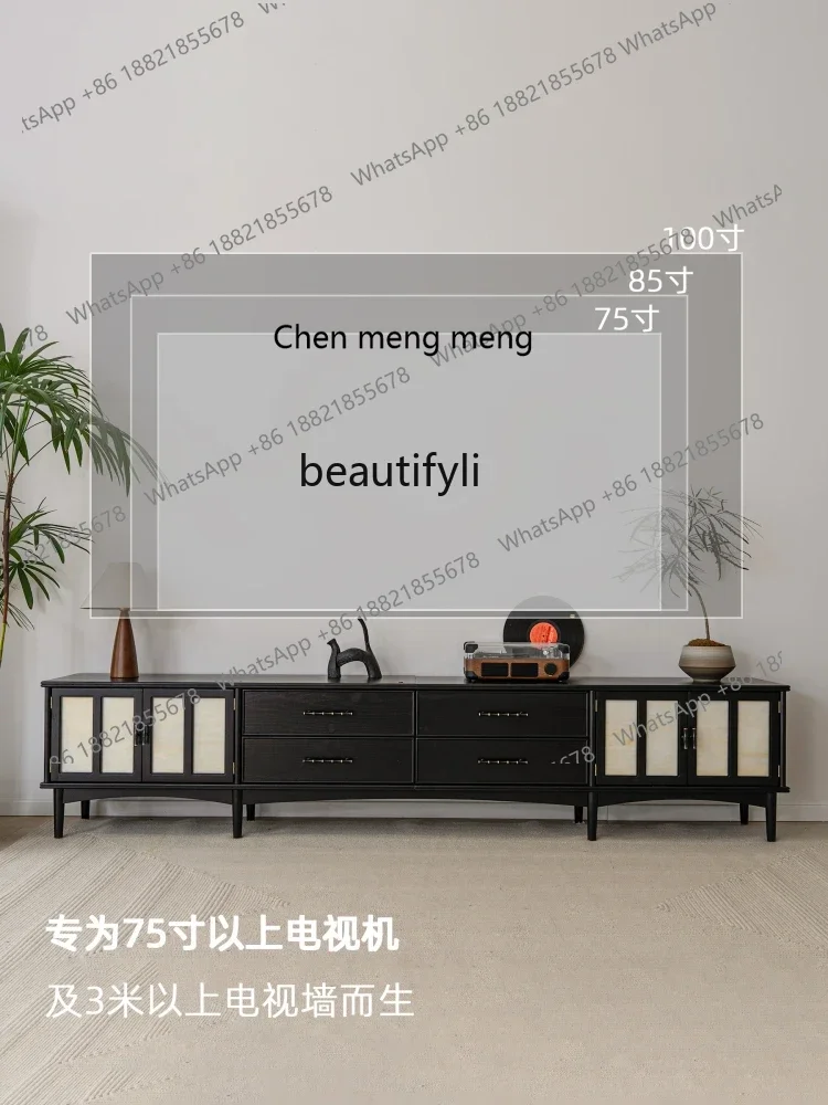 

E153 Suying TV Cabinet French Vintage Solid Wood Black High-End Floor-Standing Living Room Long TV Cabinet