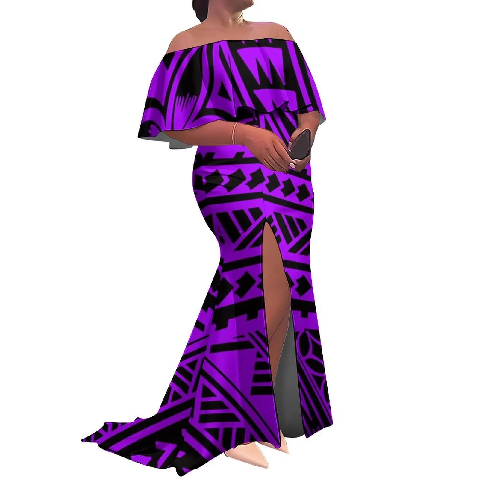 Steuerfreies, hochwertiges, individuell bedrucktes, plissiertes langes Kleid mit Schlitz, polynesisches Tribal-Damenkleid mit Rüschen, schulterfrei, Fischschwanzkleid