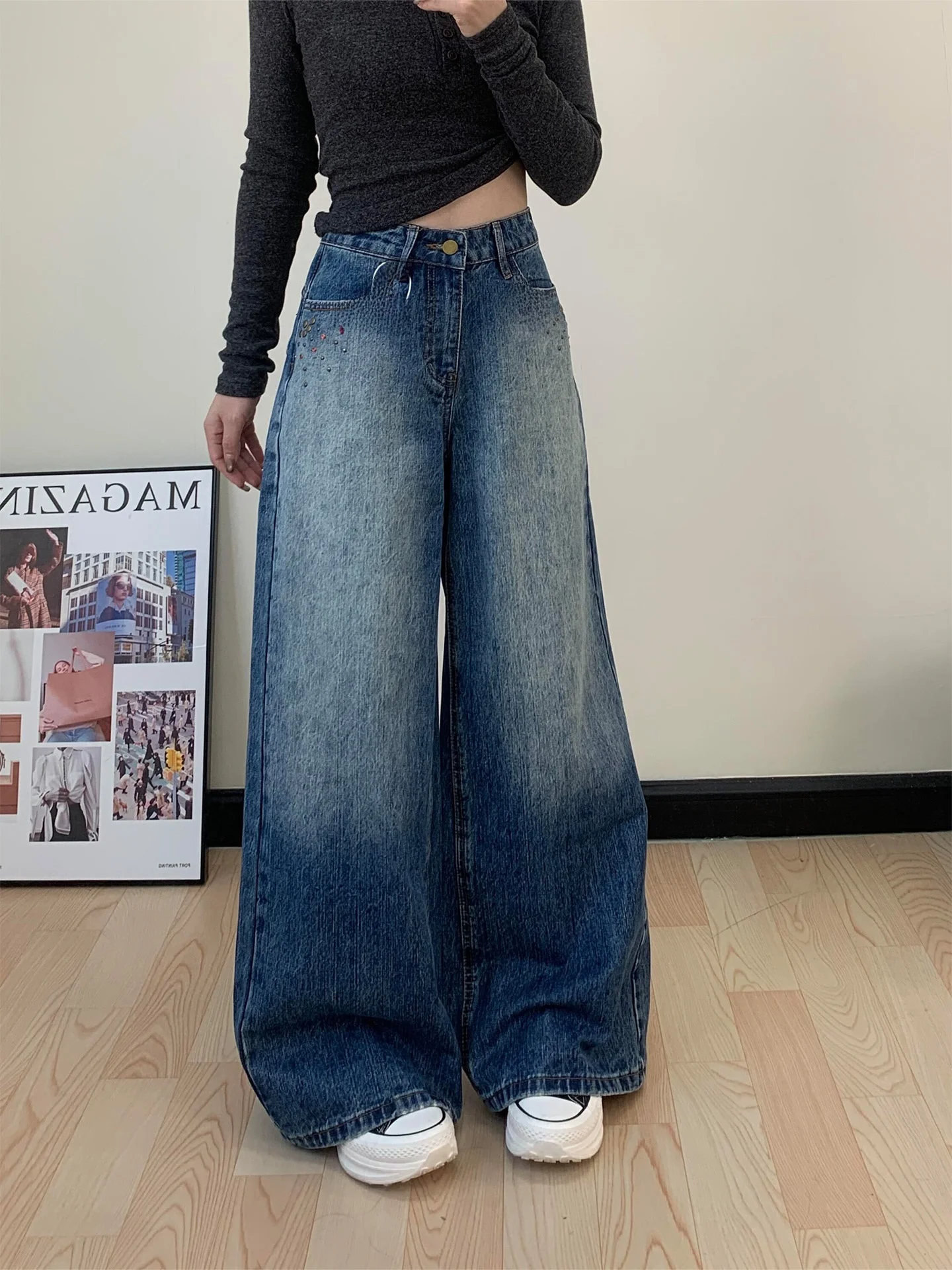 레트로 자수 데님 팬츠 여성용 루즈 와이드 레그 바지 겨울 시즌 하이웨이스트 투톤 캐주얼 패션 여성복