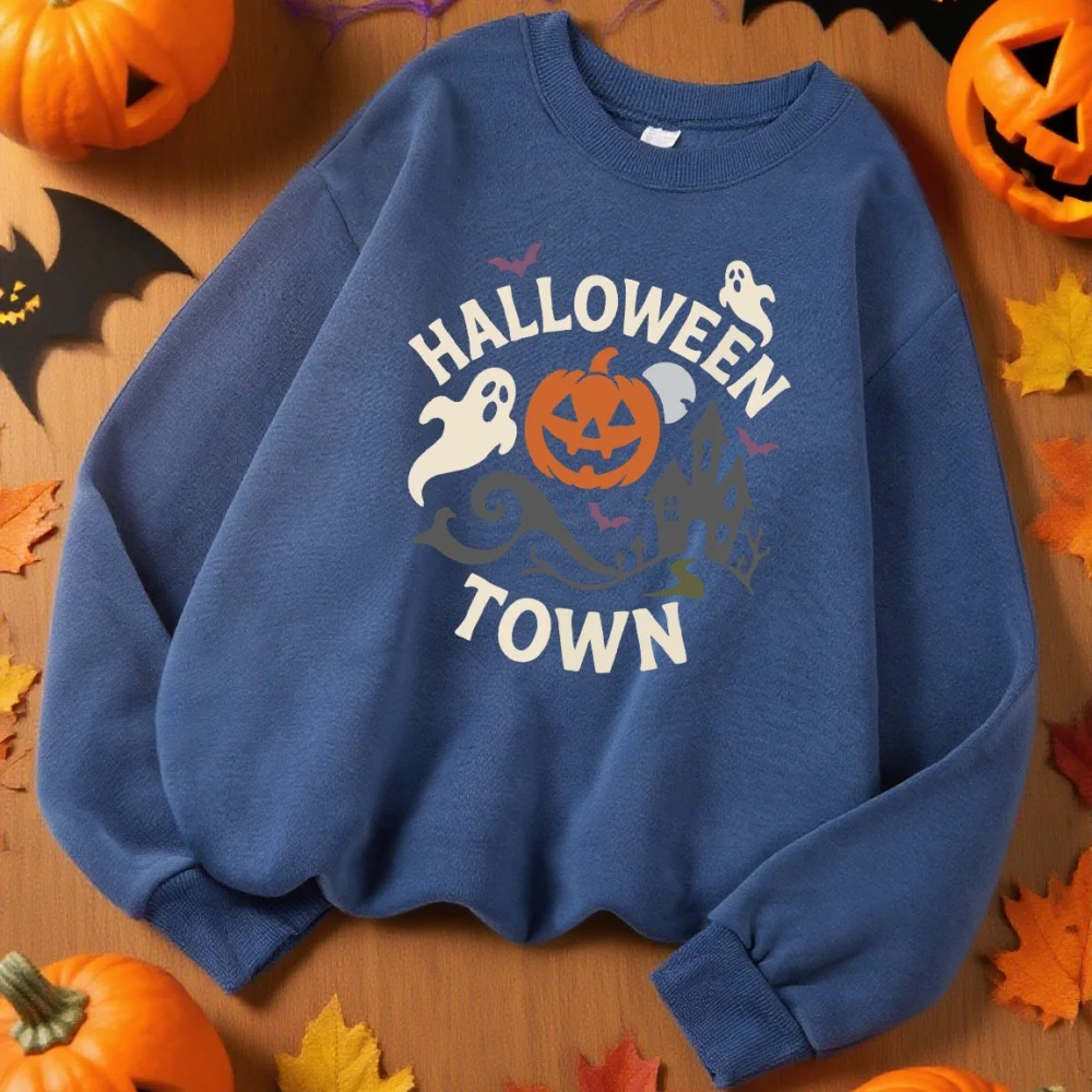 Kaus Gambar Labu Kota Halloween Pakaian Olahraga Fashion Lembut Wanita Kaus Kasual Musim Gugur Pakaian Cocok untuk Semua Gaya Jalanan
