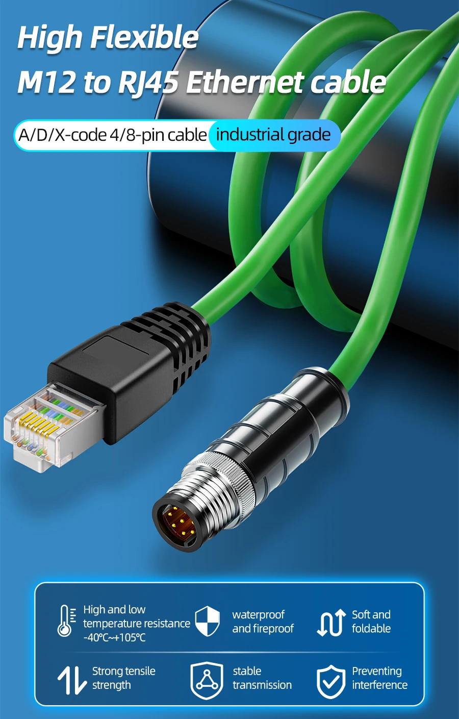 M12 auf RJ45 Industrie Ethernet Kabel für Siemens/PROFINET/EtherCAT, M12 auf RJ45 Kabel, S/FTP geschirmt, M12 4/8 Pin A/D/X codi – Detail 3