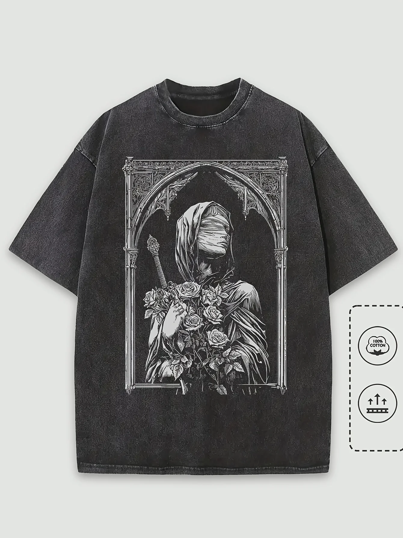 Washed T-Shirt 100% Cotton Men's Gothic Architecture Gothic Woman Face Graphic Oversized Streetwear Tee Round Neck Short Sleeve