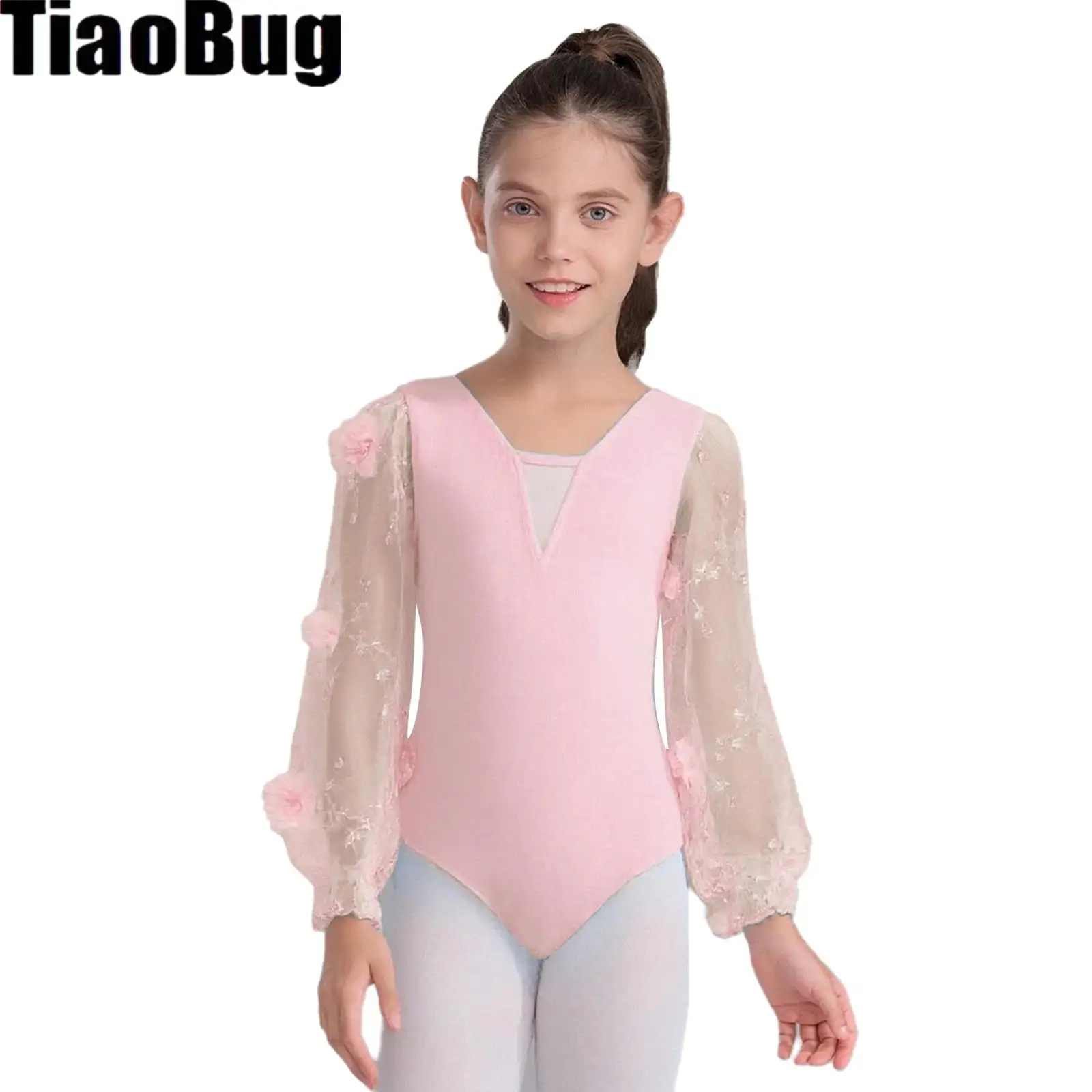

Kids Girls Ballet Leotard Performance Costume V-Neck 3D Flowers Embroidery Sheer Mesh Long Puff Sleeves Dance Leotard