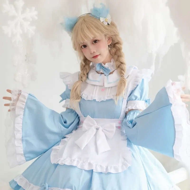 Costume de femme de chambre Lolita bleu pour filles, joli tablier Cosplay, Mangas DestacáLiis, tenue cancers japonaise, robe courte, vêtements pour femmes, 2024