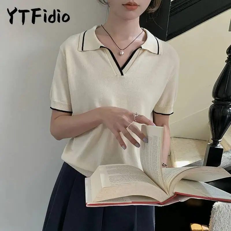 Ytfidio ملابس نسائية قطنية 100% بياقة بولو بألوان متباينة مقاس كبير 246