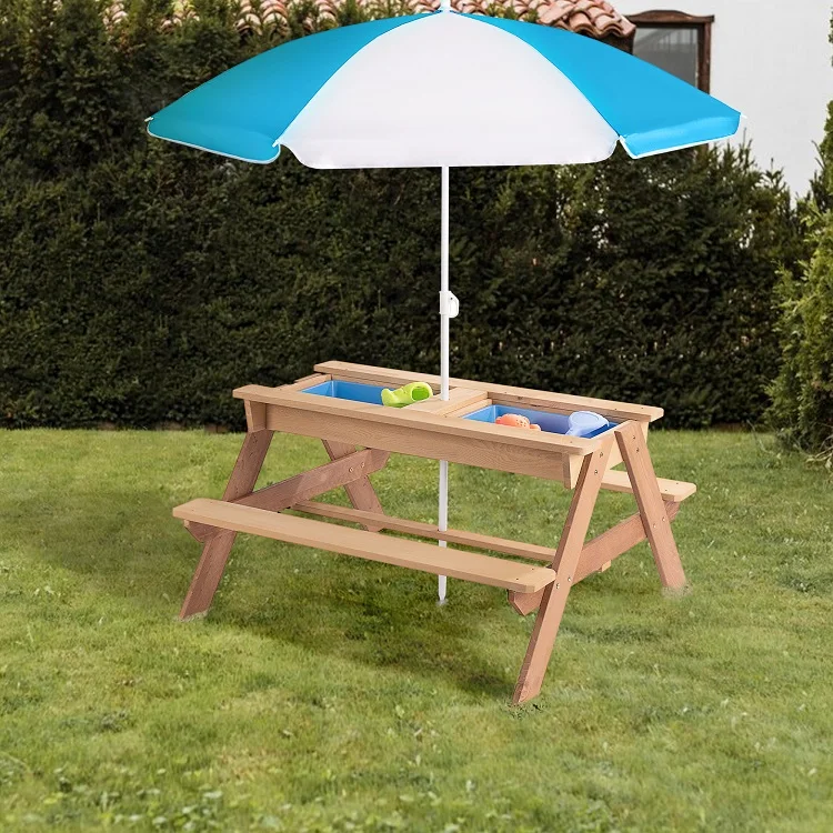 3-In-1 children's outdoor wooden picnic table with umbrella