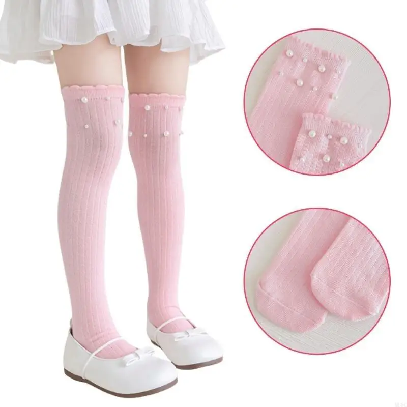 جوارب M89C أنيقة للفتيات فوق الركبة، جوارب طويلة بطول الركبة مزينة باللؤلؤ الجميل