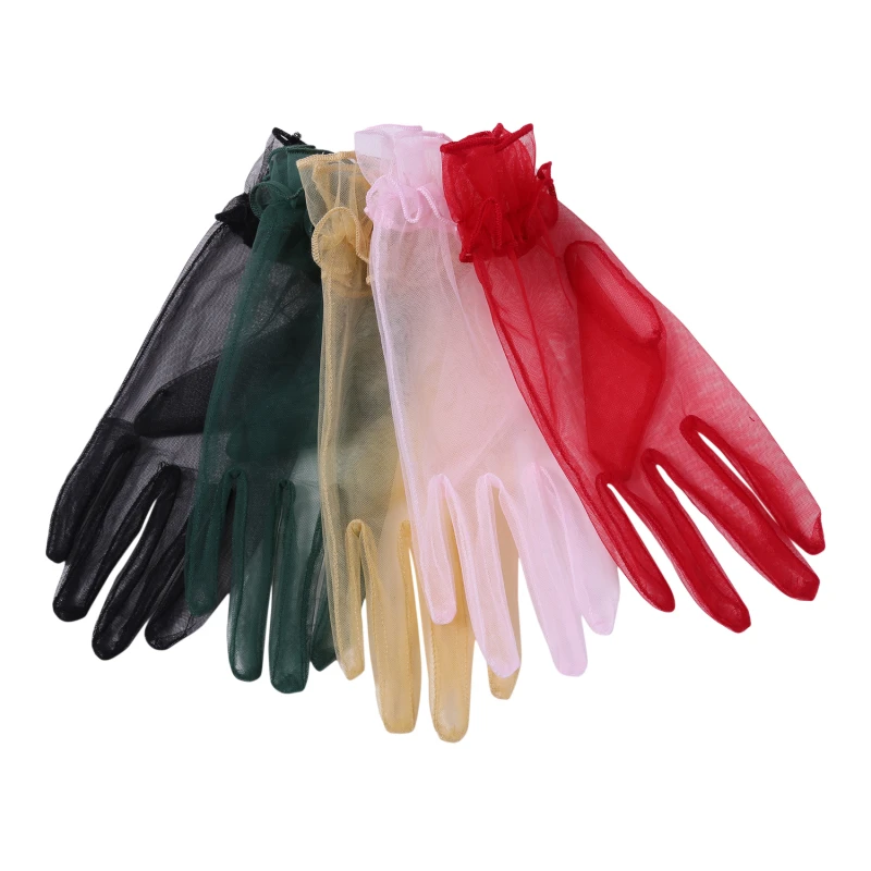 1 Pairs Women Gloves Lace Full Finger Gloves Short Tulle Gloves Etiquette Gloves Stretchy Lotus Leaf Sheers black Mittens