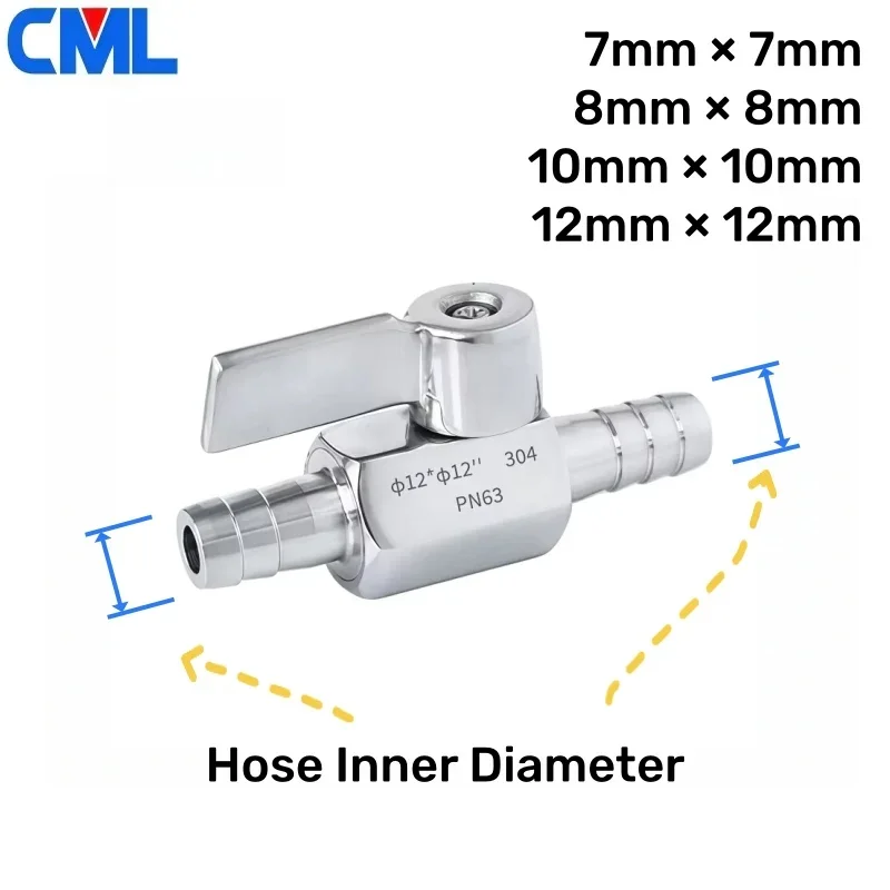 Hose Barb Mini Ball Valve Sanitary Grade 304 Stainless Steel 7mm 8mm 10mm 12mm Gas Water Oil Hose Pipe Skin Joint Micro Valve