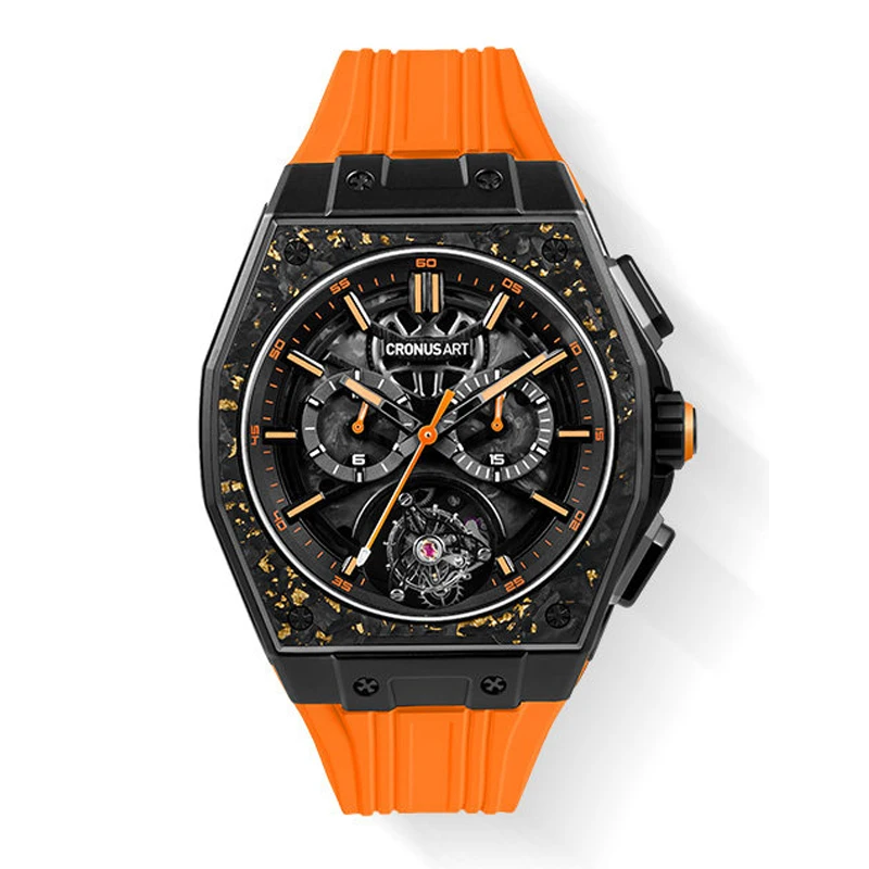 CRONUSART Men Tourbillon Watch 44mm Titanium Automatic Mechanical Wristwatch Luminous Sapphire Mirror Waterproof FKM Strap