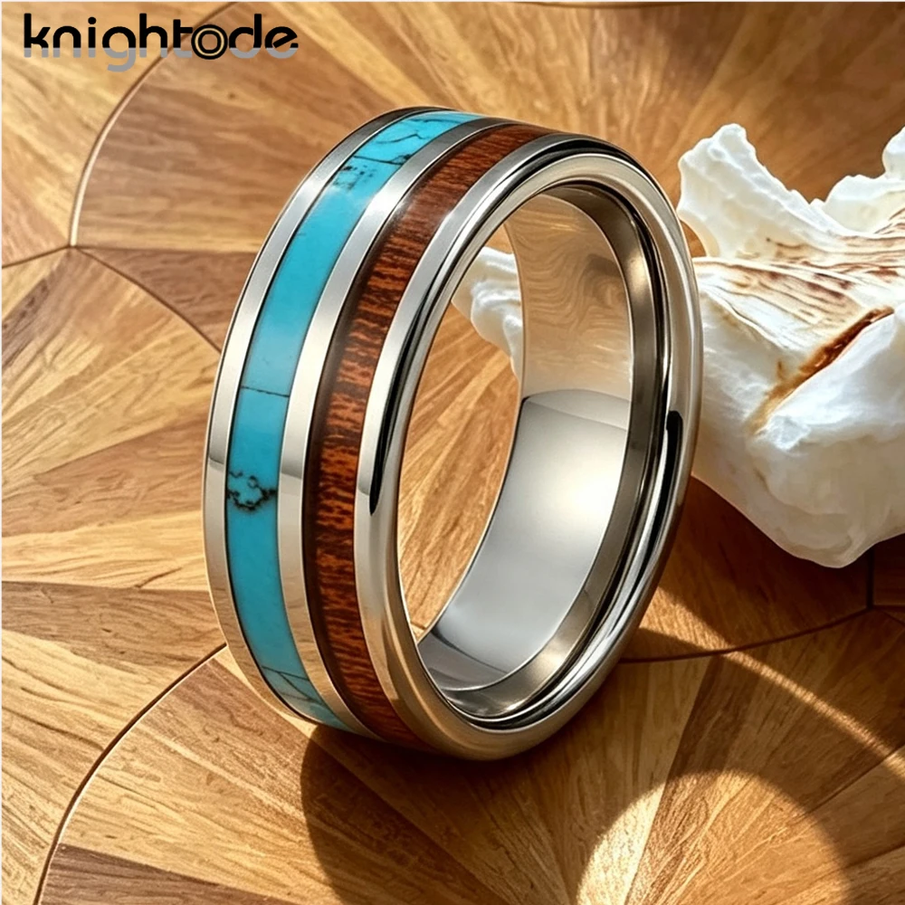 8mm Tungsten Carbide Rings for Men Women Turquoise Antler Inlay Wood Wedding Band Polished Comfort Fit Couple Promise Rings Gift