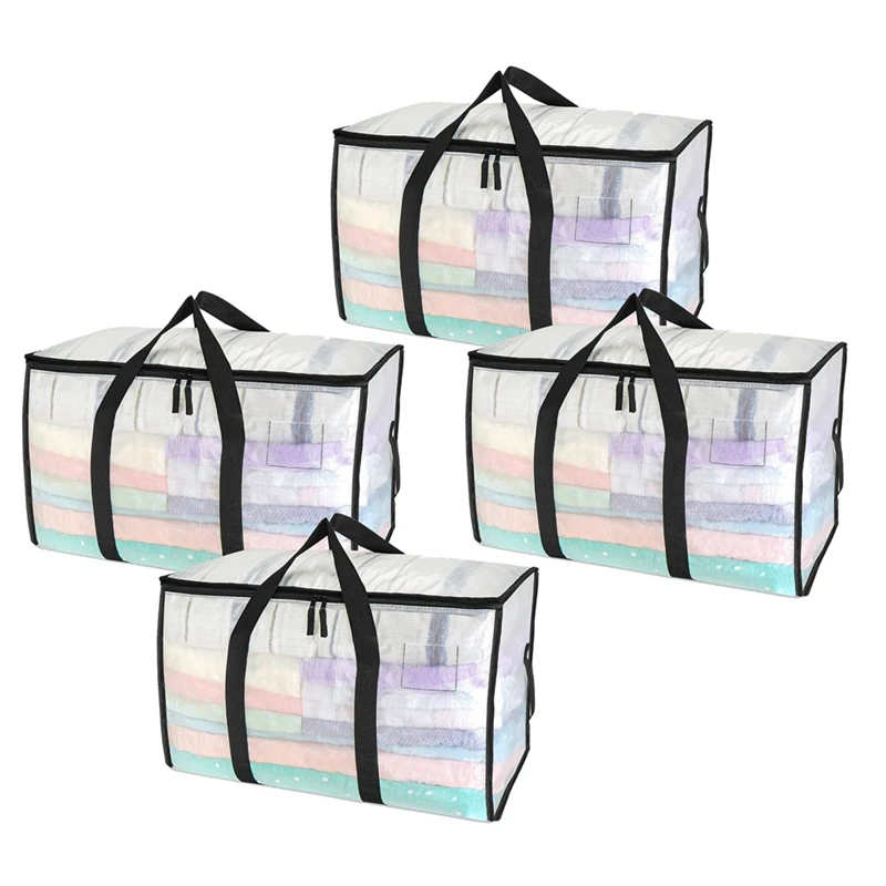 

Clear Moving Bags Heavy Duty - 4 Pack 90L Storage Bags With Strong Handles, Zipper, Waterproof, Semi-Transparent