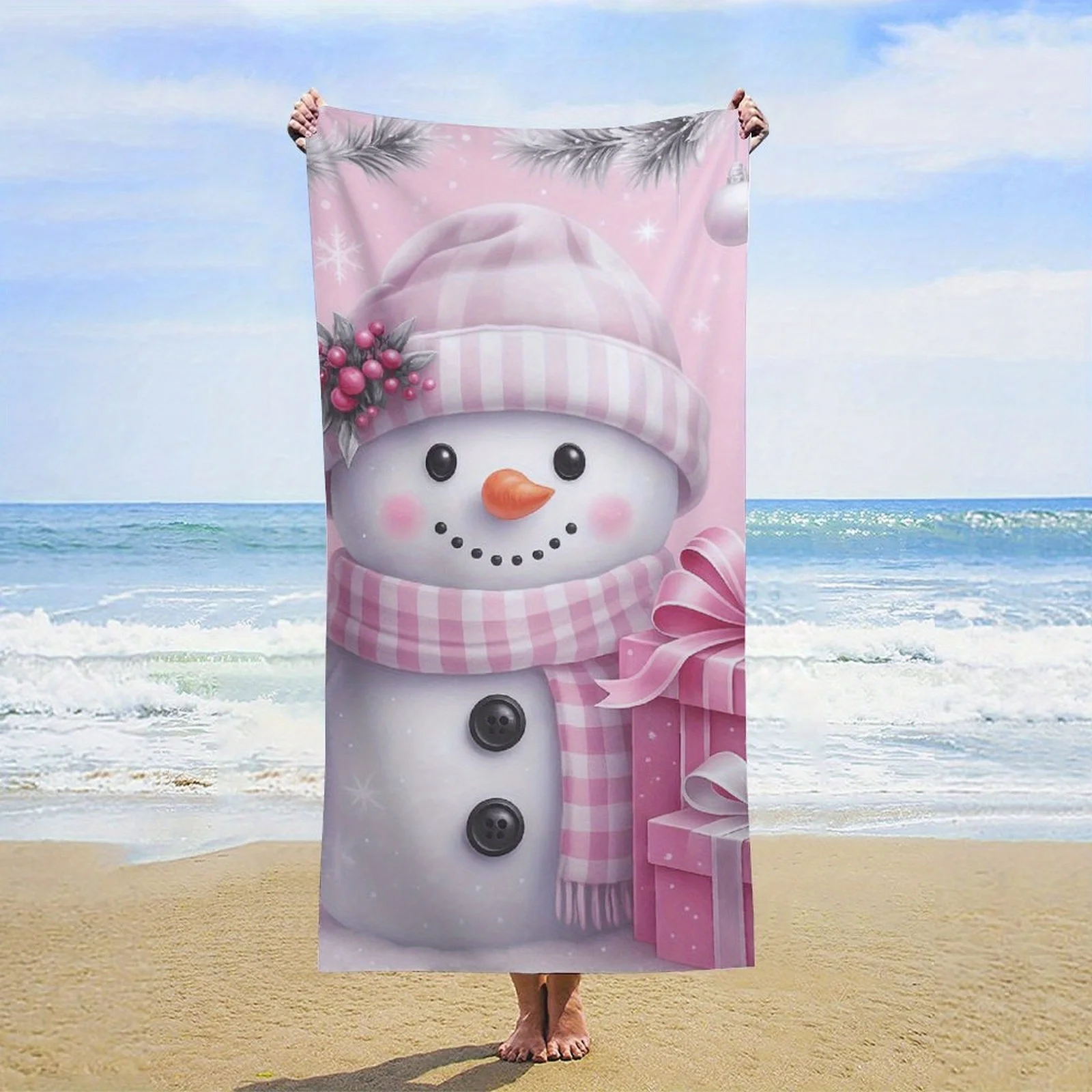 Large Winter Snowman Snowflake Print Microfiber Beach Towel Quick Dry Super Absorbent Machine Washable Towel For Swimming Pool G
