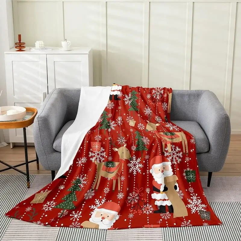 Merry Christmas Flannel Fleece Blanket Cartoon Santa Claus Plush Throw Blanket, Christmas Tree Pattern All Season,Bed