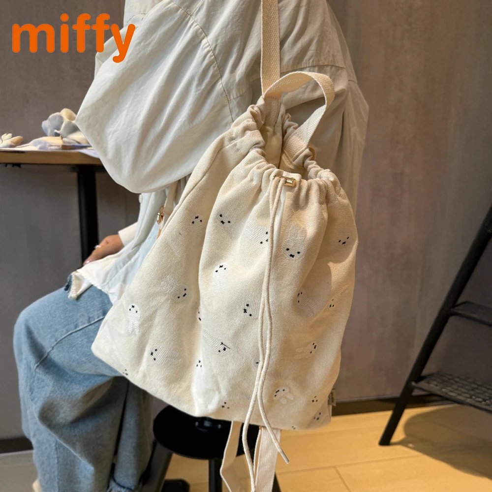 

Kawaii Miffy новый милый рюкзак с мультяшным кроликом и принтом на холсте, простой стиль, сумка на шнурке, подарок для девочки