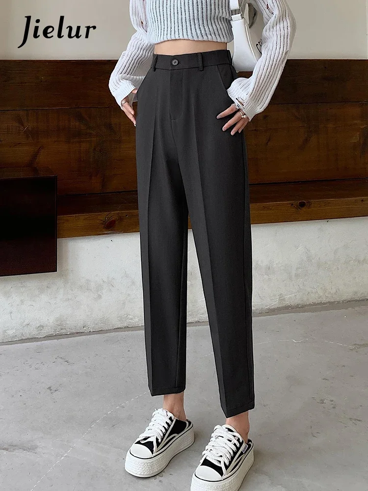 Jielur Nieuwe Office Lady Eenvoudige Vrouwelijke Pak Broek Zomer Hoge Taille Effen Kleur Casual Mode Damesbroek Chique Harembroek