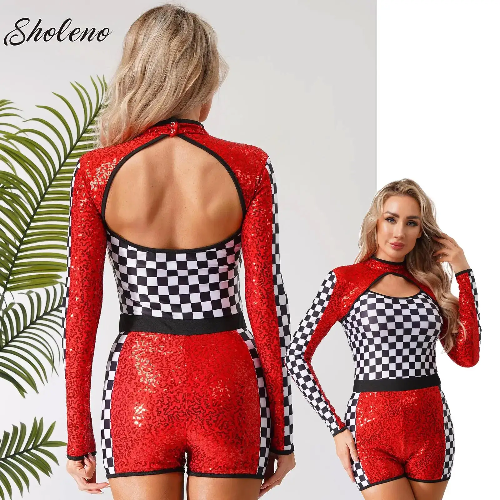 

Sexy Women Race Car Driver Jumpsuit Halloween Role-Playing Dance Bodysuit Long Sleeves Car Game Racer Girl Cheerleader Uniform