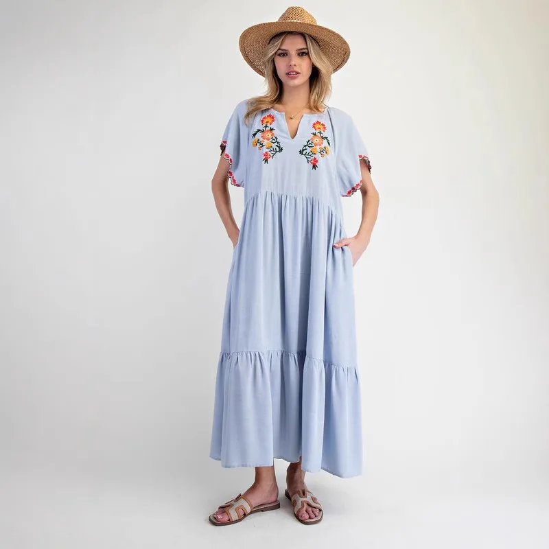 

Платье макси с v-образным вырезом и цветочной вышивкой для женщин, лето 2029, новое модное длинное платье с рюшами, праздничное пляжное женское платье, Vestidos