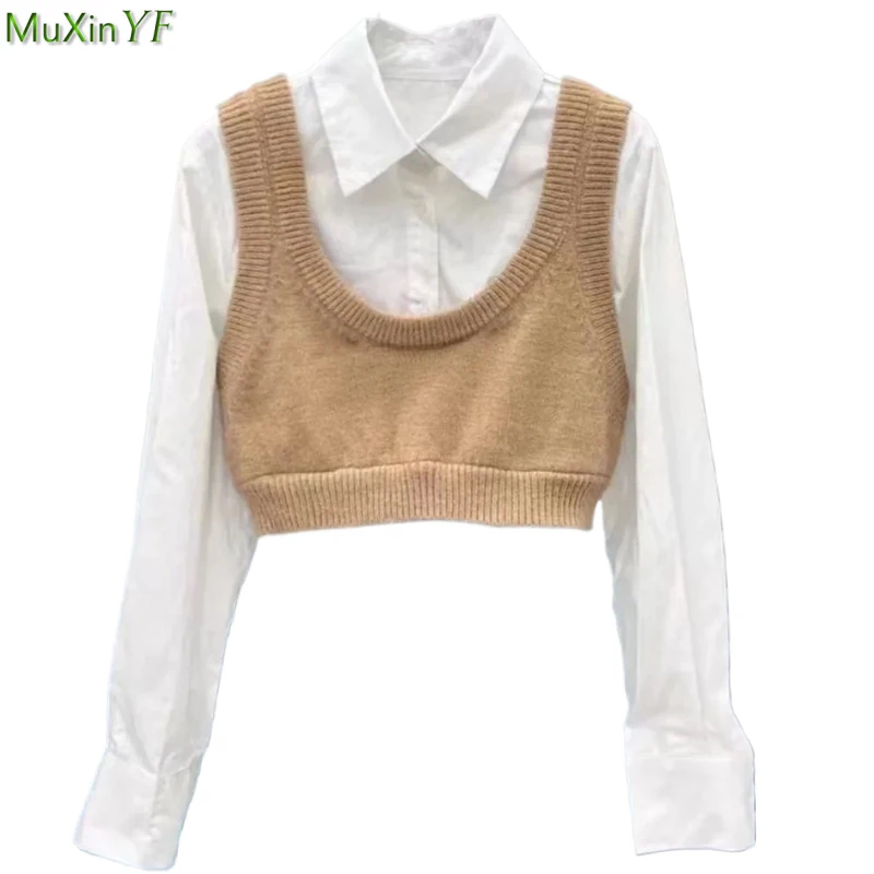 2024 Spring Autumn Women Preppy White Shirt Knit Vest 2 Piece Set Korean Lady Graceful Short Blouse Sleeveless Sweater Tops