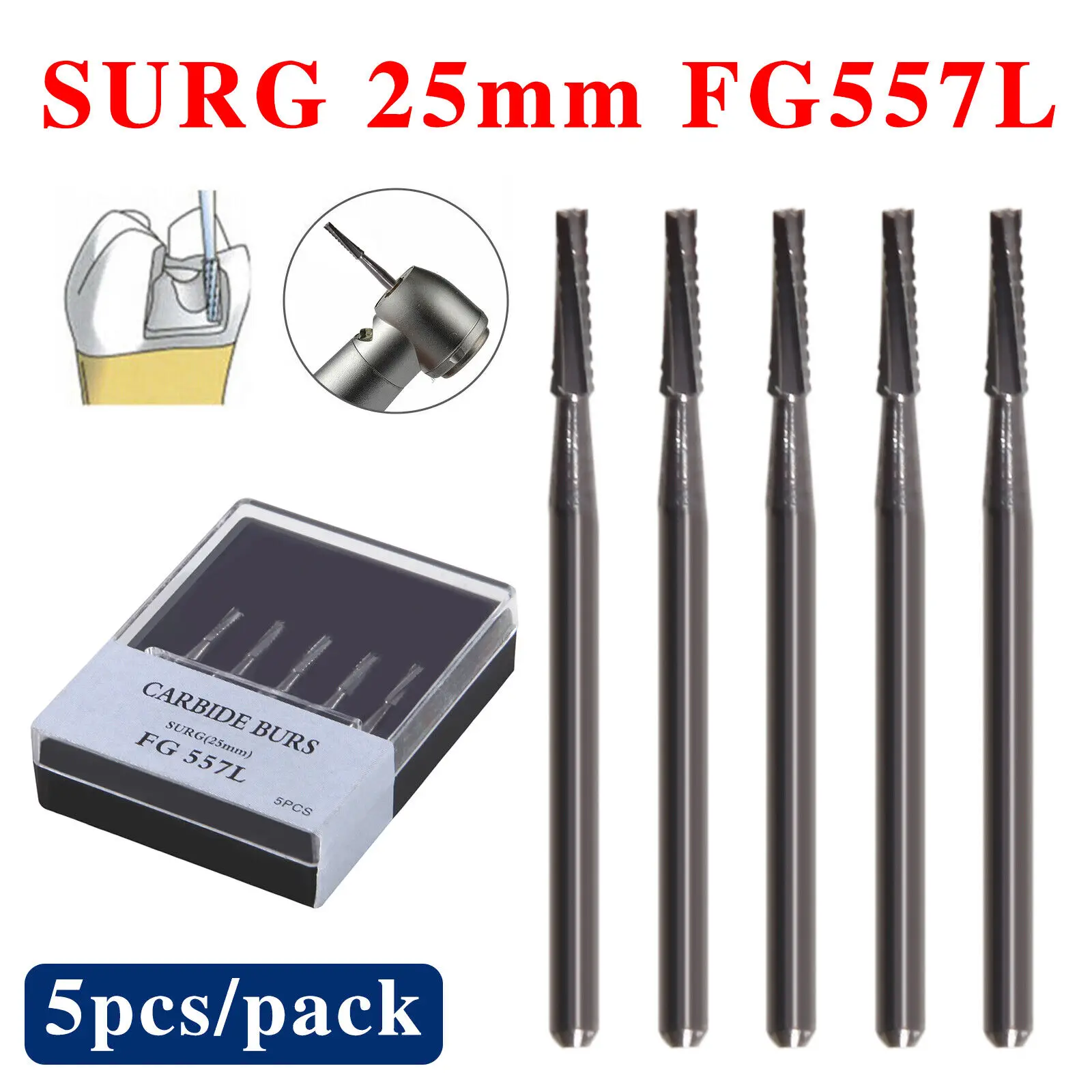 1Box/5PCS Dental Carbide Surgical Length Bur 25mm Friction Grip FG 557L for High Speed