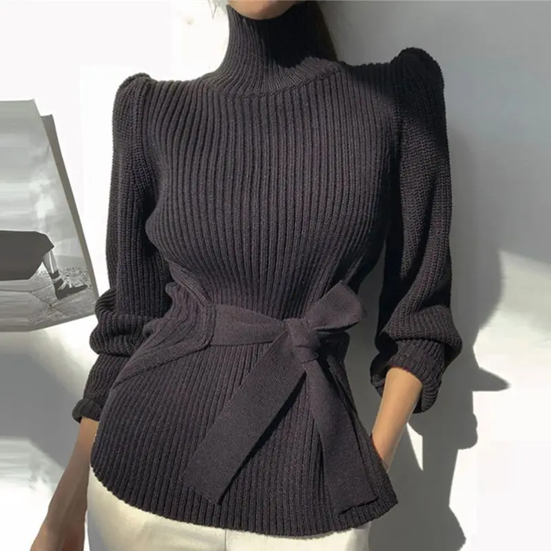 2023 Autumn Hot Selling Items Korean Casual Turtleneck Solid Color Women Clothing Lacing Long Sleeve Pullover Knitted Shirt