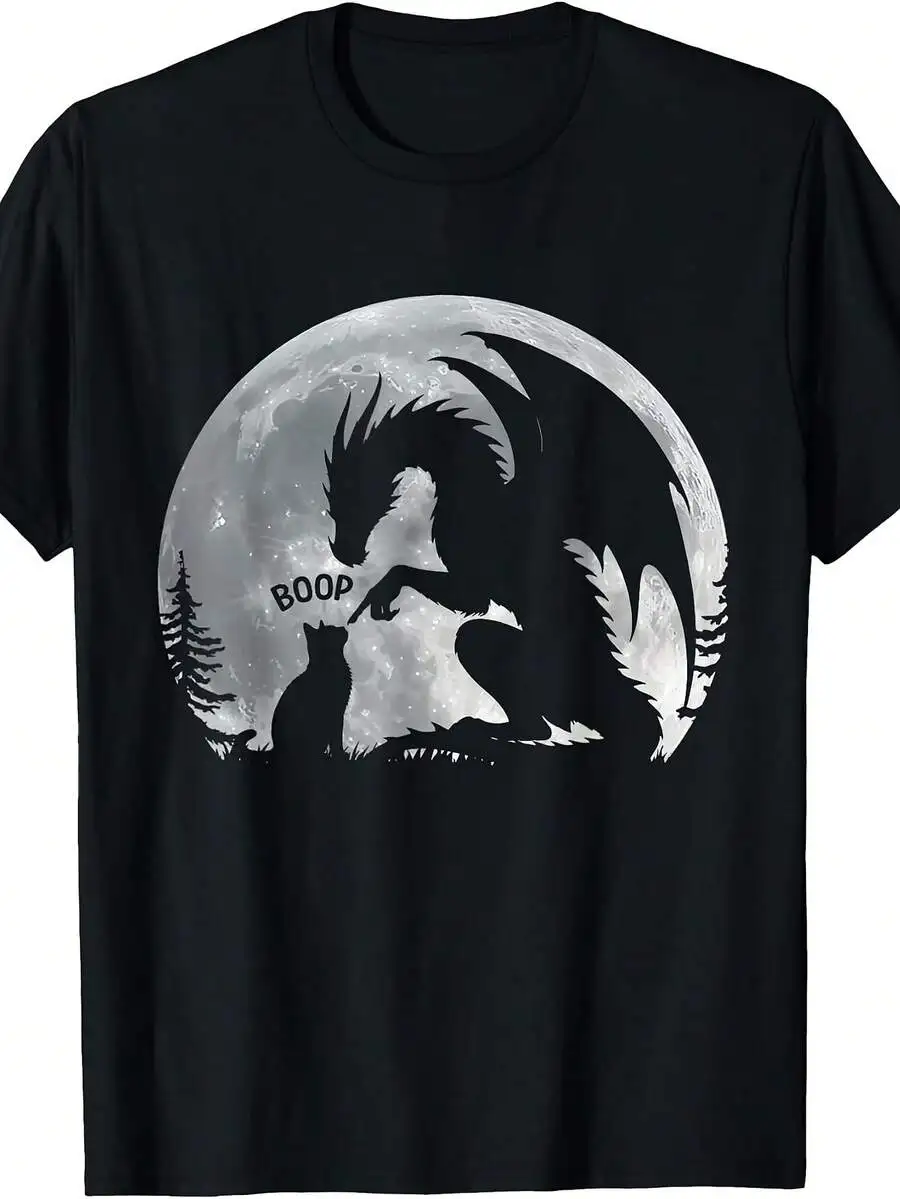 Mens Clothes Funny Dragon Booping Cat On Nose Under Full Moon Graphic T-Shirt Loose Short Sleeve Tee Fantasy Silhouette Print Casual Streetwear Top