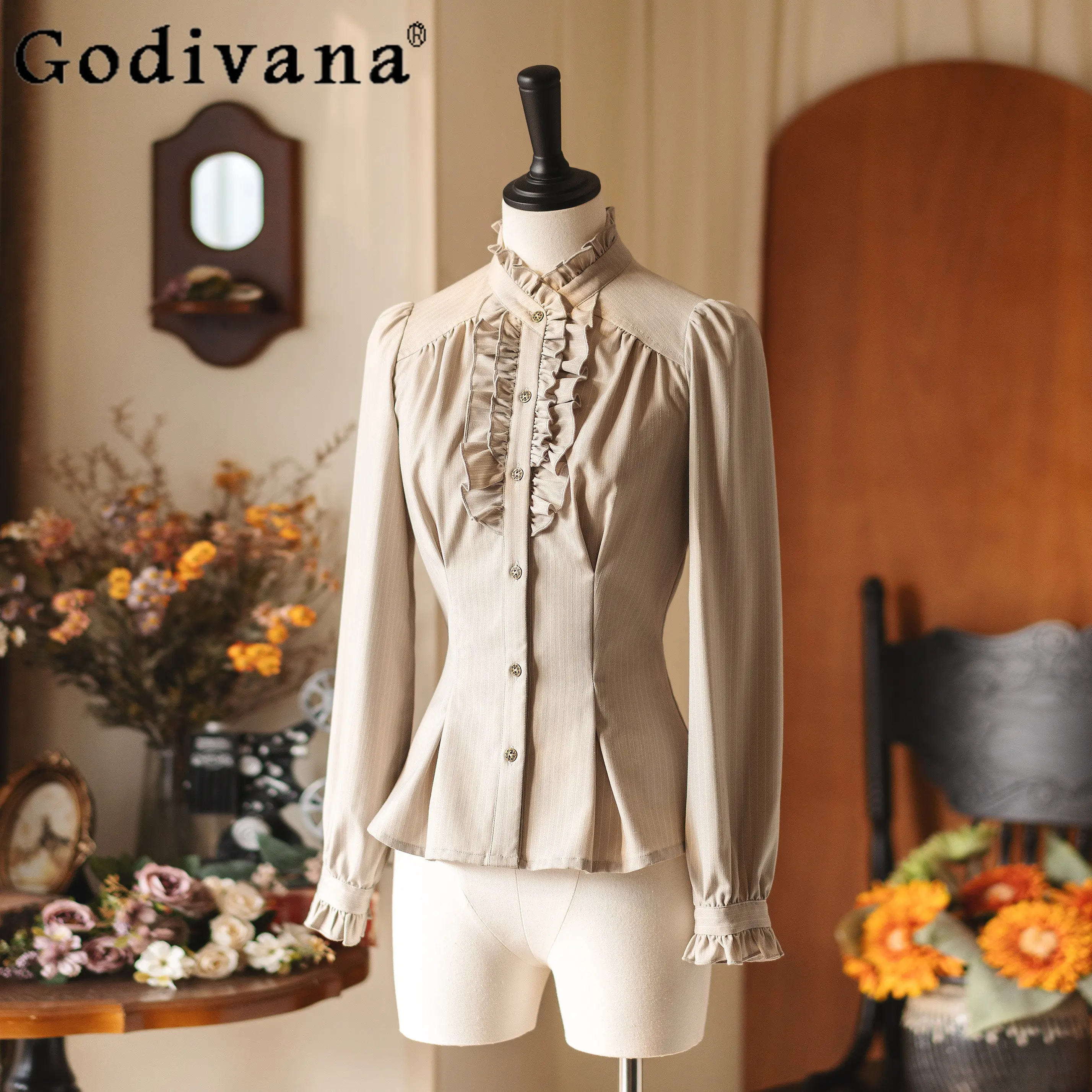 

Original Retro Elegant Ladies Striped Long Sleeve Shirt 2026 Spring Autumn New Women's Slim Fit Elegant Shirt Lolita Blouses Top