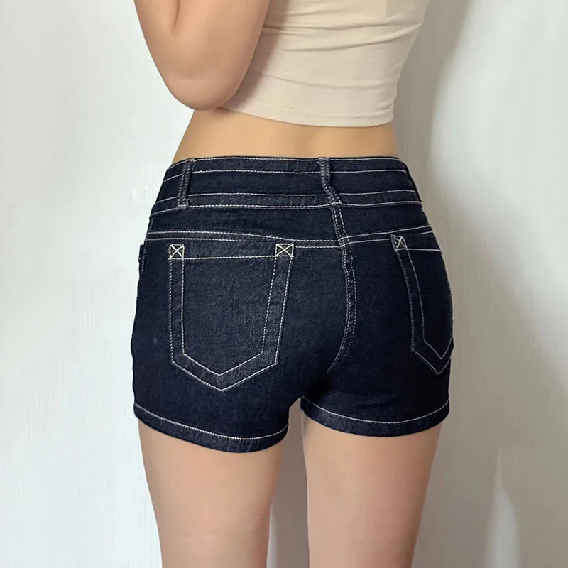 Deep Blue Tight Elastic Denim Shorts Woman Sexy Low-Waisted Double Buttons Short Jeans Summer Slim Fit Hot Short Pants Female