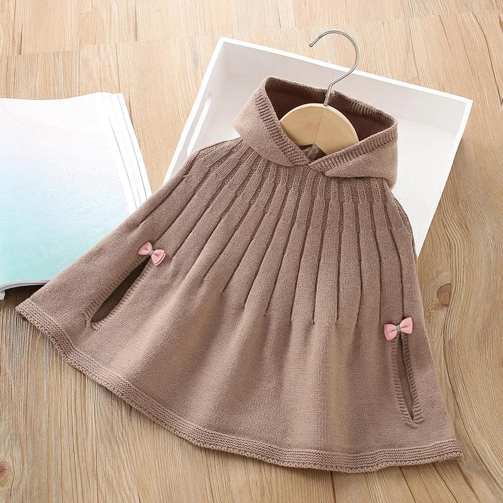 2024 Baby Girls Knitted Sweater Cloaks Hooded Coats Autumn/winter Fashion Kids Solid Color Knit Cape Children Clothes Overcoats