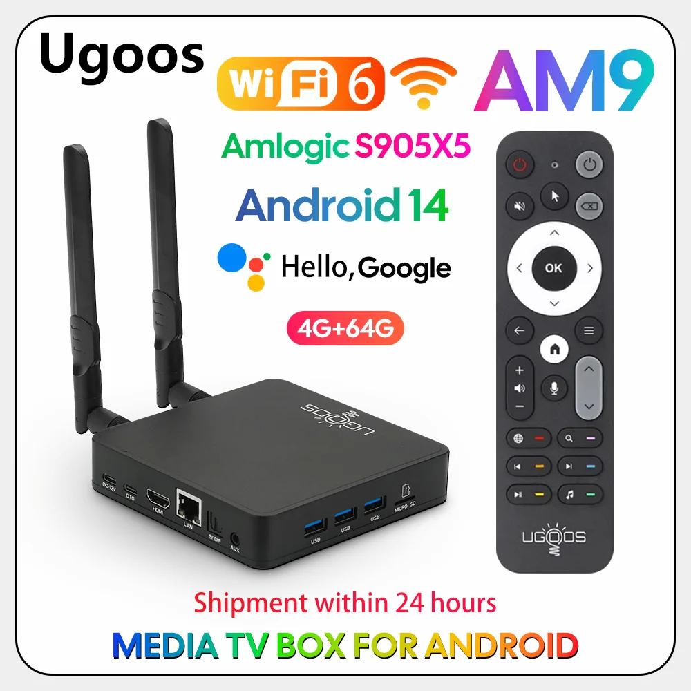 2025 Ugoos AM9 Smart TV Box Android 14 Amlogic S905x5 LPDDR4X 4GB/64GB WiFi BT5.2 1000M AV1 Dolby Support Android 14 Set Top Box