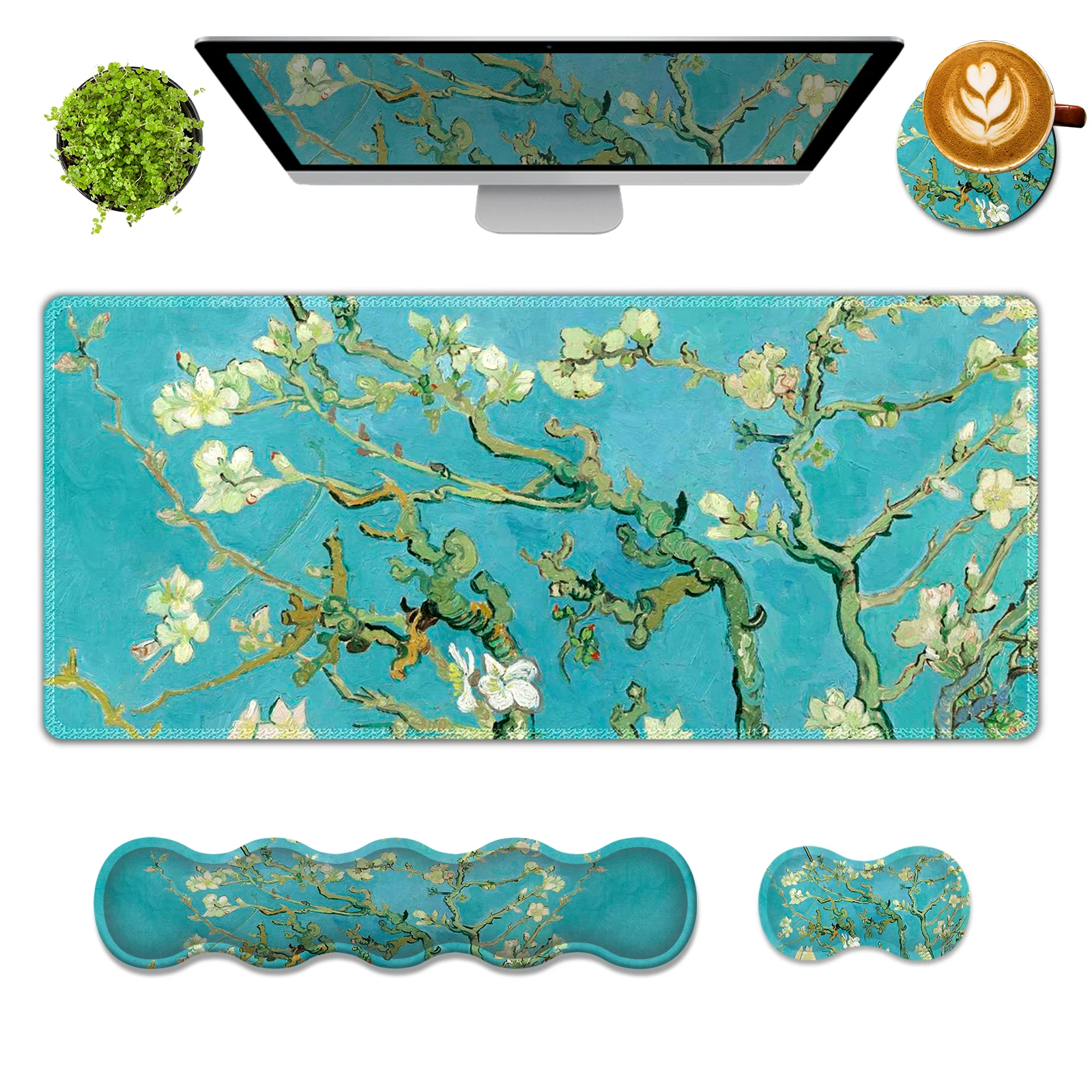 Green Branch Mouse Pad Wrist Rest 4-piece set - ergonomic design, effective relief of wrist pain, soft and comfortable