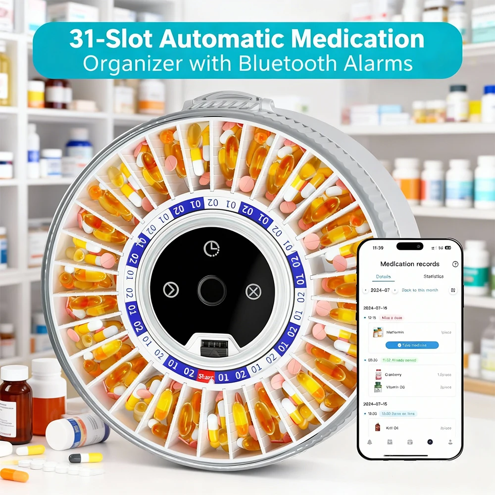 2025 Smart Pill Dispenser 31-Day Auto Dispenser with Bluetooth & Fingerprint Lock for Elderly Safety Daily Timed Dispenser