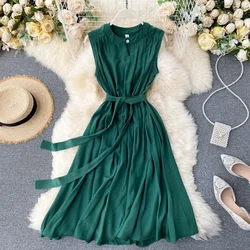 Summer Solid Green/Blue/Yellow Casual Dress Elegant Sleeveless Round Neck Sashes Dresses Vintage 2024 New Fashion Vestido Verano
