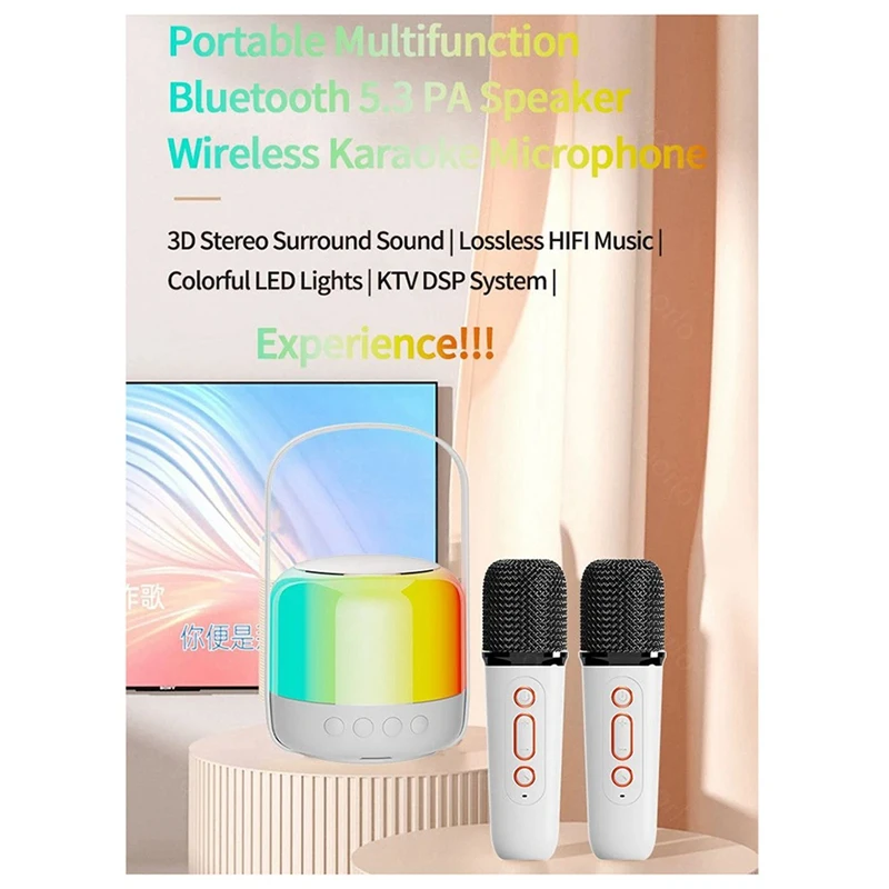 RGB Colorful LED Light Bluetooth 5.3 PA Speaker Wireless Dual Microphones KTV DSP System 3D HIFI Stereo Surround Durable